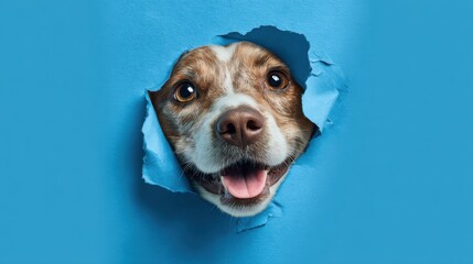 curious dog face peeking out from under torn blue paper, blue background