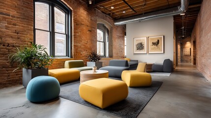 Modern office space with lounge seating and exposed brick wall design elements