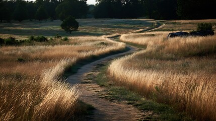 Golden hour path through a field of tall grass leading to trees