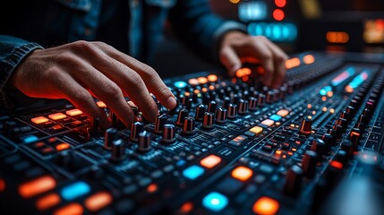 Close-up of hands manipulating audio mixing console with illuminated knobs and lights. In studio environment