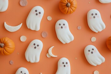 Repeating clay ghosts with blush cheeks, pastel pumpkins, and sparkly moons on a peach-orange backdrop --