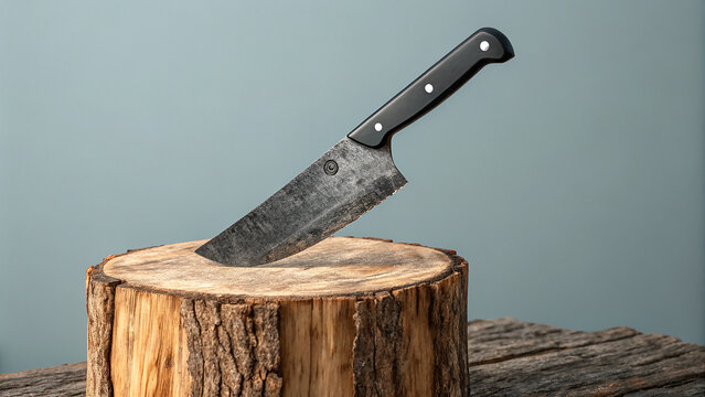 Brown wood contrasts rustic knife against muted backdrop; perfect for product shots, blog headers, or food-related posters and branding.