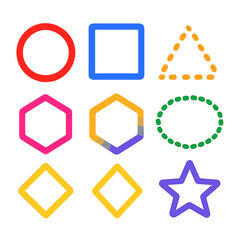 Vibrant Geometric Icons. Flat vector icons of outline geometry variations: thick border circle, thin frame square, broken line