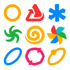 Bold Spinning Icons. Flat vector icons of rotational and spinning shapes: spinning ring icon, rotating triangle, radial arrow