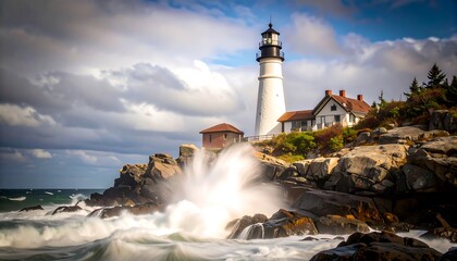 Lighthouse on Rocky Coast with Crashing Waves Scenic View