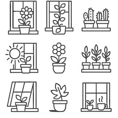 Windowsill Plant Icons. Line style icons of windowsill plant decoration: flowerpot by window, climbing vine on ledge, mini cacti