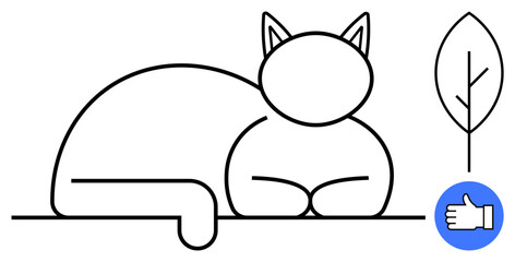 Simplistic line art of a resting cat accompanied by a leaf and thumbs-up icon. Ideal for eco-friendly, pet care, sustainability, approval, minimalism, modern branding, simple landing page