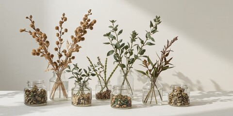 Assorted plants in glass jars with pebbles on a white surface in a bright and airy setting indoors