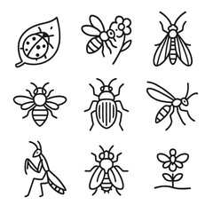 Garden Beneficial Insects Icons. Line style icons of beneficial insects in garden: ladybug on leaf, bumblebee with flower,