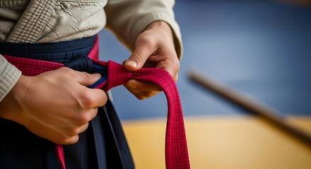 Close-up of martial artist tying red belt, embodying discipline and tradition in dojo practice