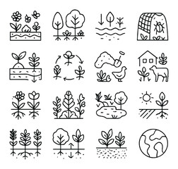Sustainable farming icons set - eco-friendly agriculture and nature elements