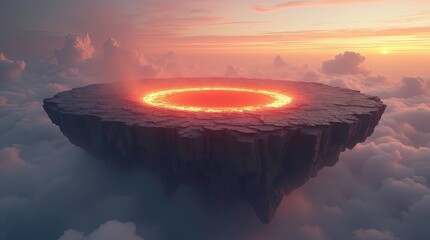 A massive floating island with a glowing lava ring center suspended in the sky above the clouds, AI generated