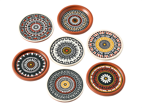 Decorative clay coasters with tribal patterns isolated on a transparent background image
