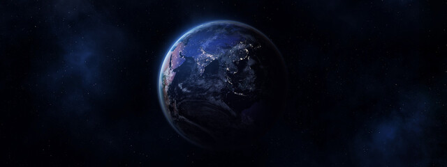 Earth planet. Eastern hemisphere. Panoramic view of the Earth, stars and galaxy. Eastern hemisphere. Middle East, Asia. India, China, Taiwan, Japan, South Korea, Vietnam viewed from space. 