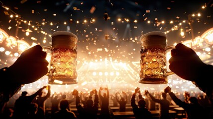 Beer Steins Toasting at a Vibrant Festival with Confetti and Cheering Crowd Under Bright Lights
