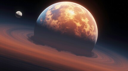 A massive gas giant planet with swirling orange and blue storm clouds seen from space with a nearby other planet. 3d render