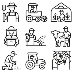 Farming Line Art Icons. Line style icons of farming and agricultural work: farmer with pitchfork, harvester driver, greenhouse