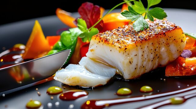 Premium dover sole with perfectly caramelized skin and herb seasoning, chef's knife cutting through delicate fish showing flaky white interior, gourmet presentation - Powered by Adobe