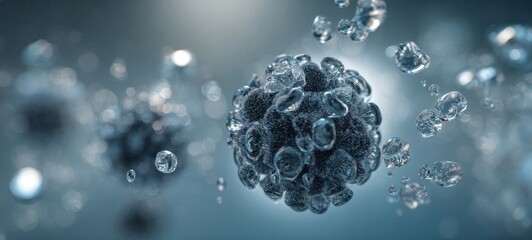 The microscopic view of a virus with surrounding bubbles and droplets.