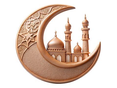 Crescent moon with mosque silhouette isolated on a transparent background Islamic