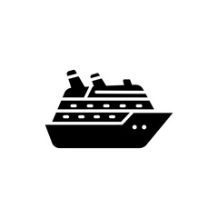 Obraz premium Black Filled Luxury Cruise Ship Icon with Multiple Decks, Ocean Travel Symbol, Leisure Voyage Illustration, Maritime Adventure Graphic, Holiday Ship Icon
