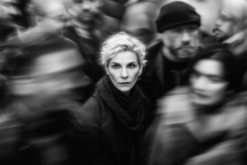 A focused woman stands still in a fast-moving, blurred crowd. Dramatic black and white image about individuality, stress, and urban anonymity.