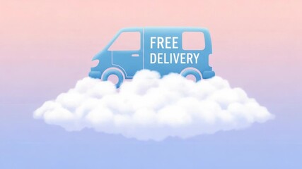 Seamless Free Delivery Animation Featuring Trucks Floating on Clouds Against Pastel Sky