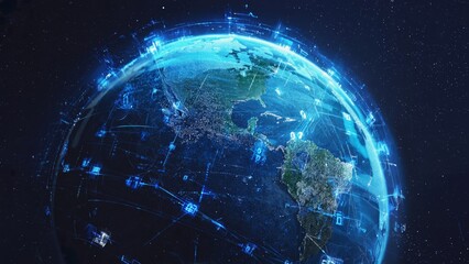 Digitally rendered Earth globe illuminated by blue light with floating data nodes and virtual connections, global communication, online networks and the interconnected nature of digital technology