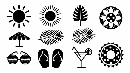 Collection of summer themed icons including suns, palm leaves, sunglasses, flip flops, and a cocktail glass silhouette