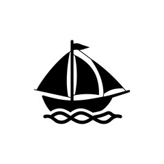 Sailing Ship on Water Icon, Black Filled Nautical Travel Symbol, Maritime Exploration, Adventure Tourism, Ocean Journey Graphic