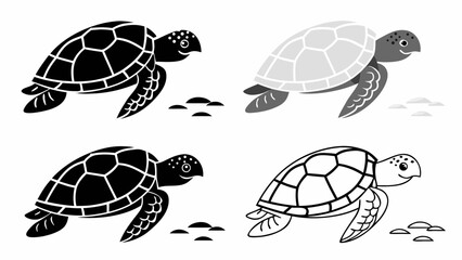 Four sea turtles depicted in different styles and colors swimming near small rocks on white background silhouette