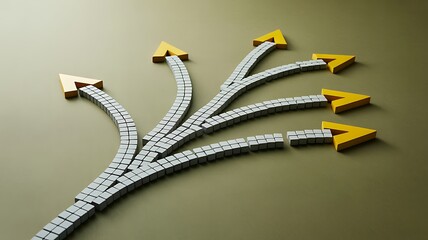 Multiple yellow arrows branching out from a central path direction choice