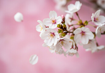 Fototapeta premium Delicate cherry blossoms with falling petals on a soft pink background