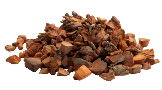 A pile of chopped tree bark, a natural element with a rough texture and earthy tones. It can be used for mulching or other gardening purposes