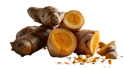 Fresh turmeric roots with vibrant yellow flesh, sliced and whole, offering a visual representation of the spice