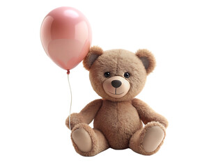 Fluffy brown teddy bear holding pink balloon isolated on a transparent background plush