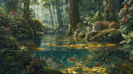 Obraz premium Serene river in lush jungle with a jaguar resting nearby and fish swimming below