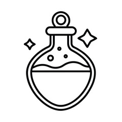 Halloween vector art of outline of a potion bottle with bubbles and sparkles, isolated