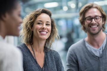 Casual team meeting in an open-plan office with glass walls