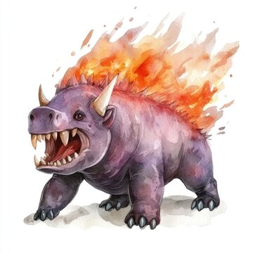 The Formidable Tarasque a Mythical Fire Breathing Monster with Scaly Armor and a Fierce Prehistoric Presence Depicted in a Vibrant Digital Watercolor Painting on an Isolated White Background