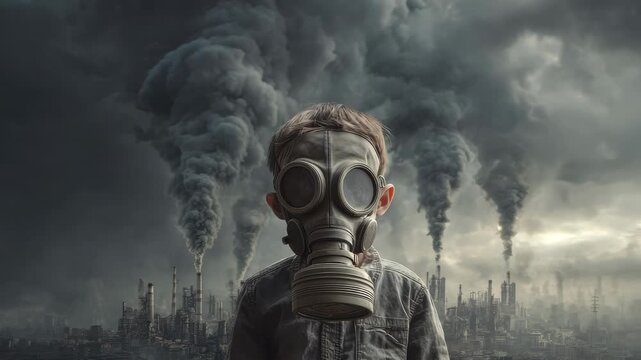 Disturbing Child in Gas Mask Against Industrial Air Pollution Cityscape