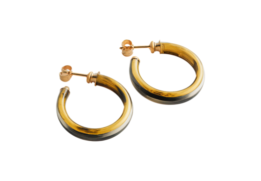 Pair of gold hoop earrings.  Two circular hoops, gold-toned, with slightly uneven color gradient, attached to small posts