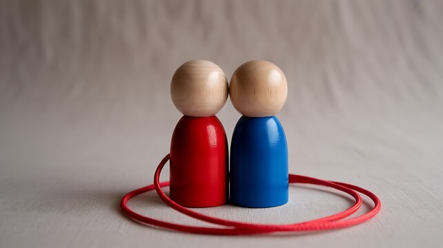 Two wooden peg dolls one red one blue connected by a red cord figure