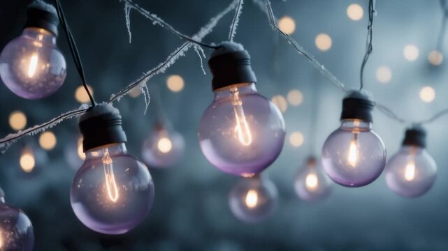 Frosted Edison Bulb String Lights Glowing In Snowy Twilight