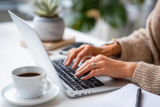 Hands typing on laptop at reservable desk with cup of coffee, personal notes, and minimalist decor, close-up shot
