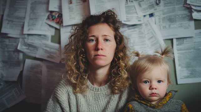 Single mom with toddler faces overwhelming debt collection notices in a cluttered room