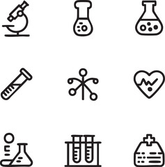 Obraz premium Medical and science vector icon set outline style,minimalist design microscope,flasks,test tubes,dna,heart,hospital icon set