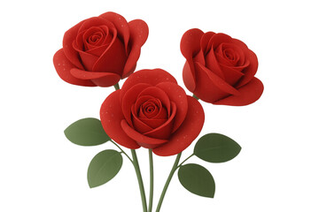Fototapeta premium Realistic 3d rendering showing vibrant red roses blooming, glistening with water droplets, symbolizing romantic moments against transparent backdrop