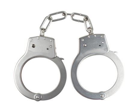 Handcuffs Dangling from a Hook, Vertical Orientation, Isolated on Clean White