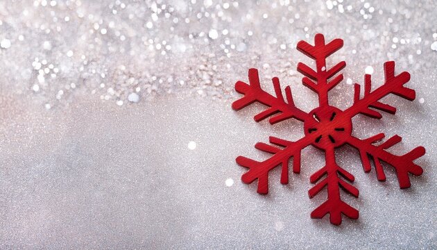 Wooden red snowflake decorations on white glitter background with copy space. Generated image - Powered by Adobe